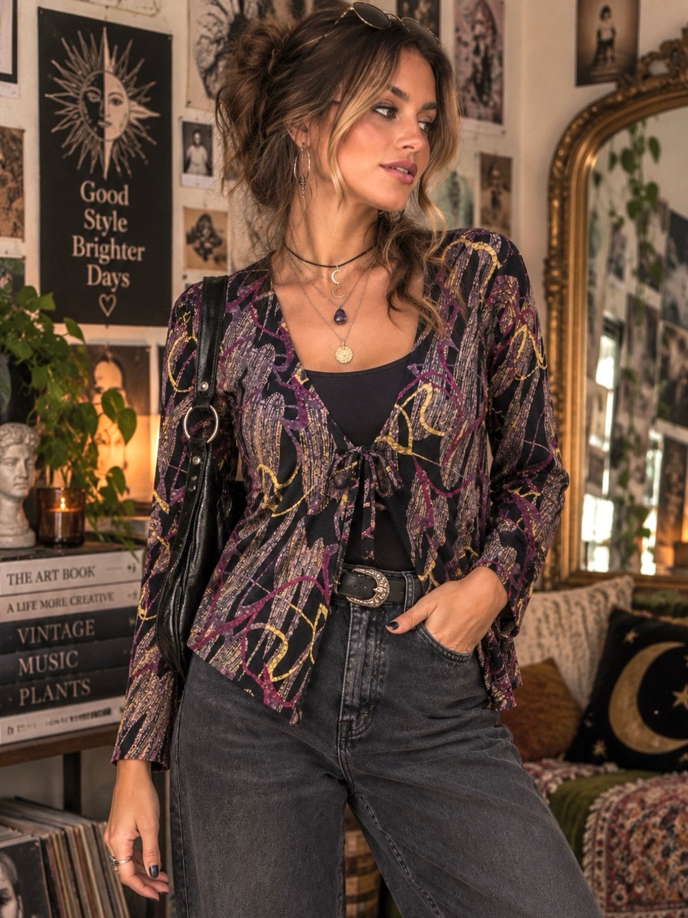 Witchy Leslie Fay M Abstract Print Layered Tie Front Top Cardigan Y2K Artsy